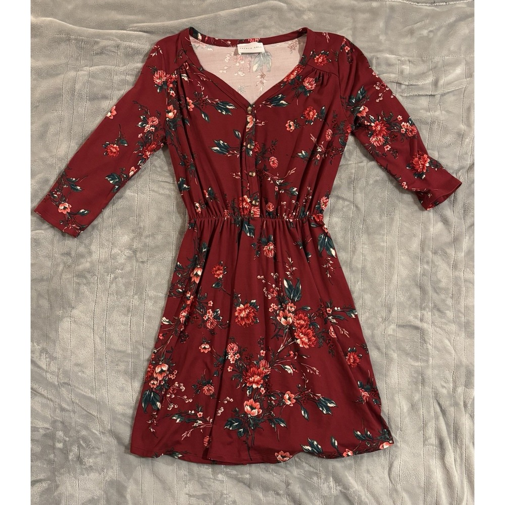 NEW French Grey Maroon Floral Mini Dress Button Front V Neck Women’s M